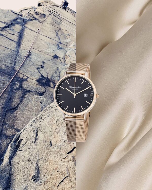 Snygg Damklocka mesharband rosé Quartz Milanese svart urtavla datum mesh