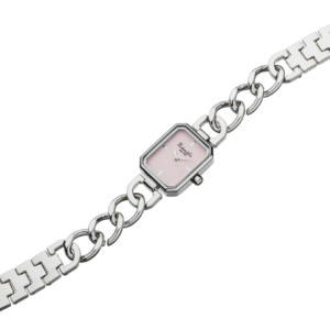 fyrkantig damklocka i silver med rosa urtavla quartz metallarmband